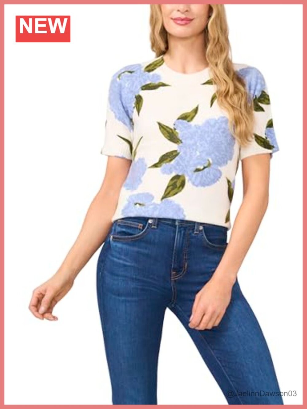 CeCe Short Sleeve Hydrangea Sweater Floral Pullover Crew Neck